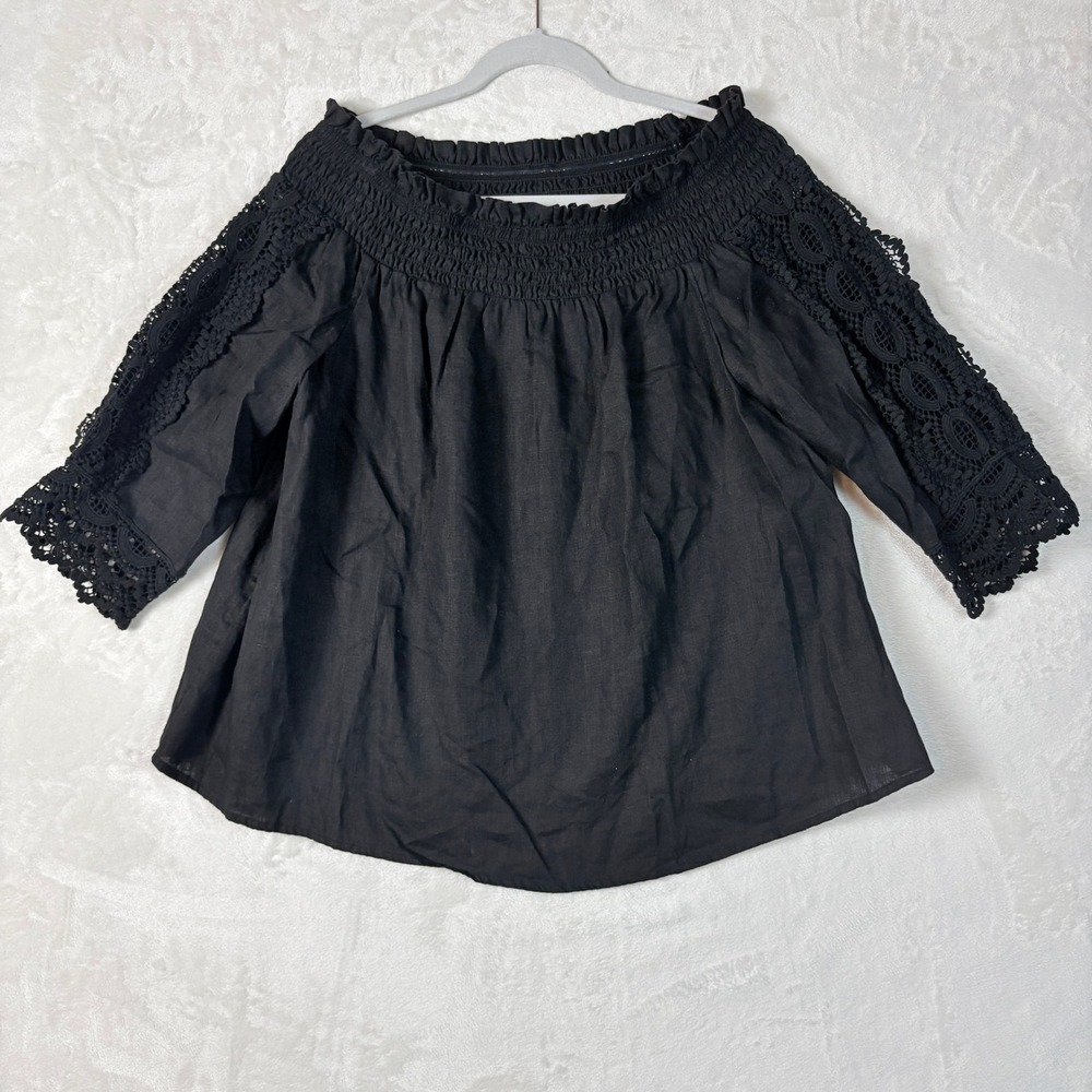Chico's Linen Blouse Women 1 Black Excellent Smocked Crochet Lace Off Shoulder